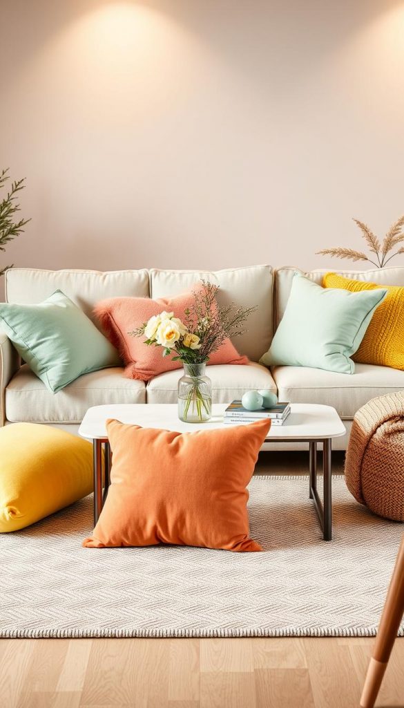 A cozy living room scene featuring a kleuren palette sofa from KlickKiste, adorned with a curated selection of spring cushions in vibrant colors and various textures. The foreground includes a beautifully arranged sofa with throw pillows in shades of mint green, soft coral, and sunny yellow, all arranged thoughtfully to showcase a harmonious mix of patterns and shapes. In the middle, a stylish coffee table holds a vase of fresh flowers, adding a touch of natural beauty, while a soft, textured area rug anchors the space. The background displays softly lit walls in warm neutrals, with gentle lighting that creates a welcoming atmosphere. The overall mood is fresh and inviting, capturing the essence of smart design for spring.