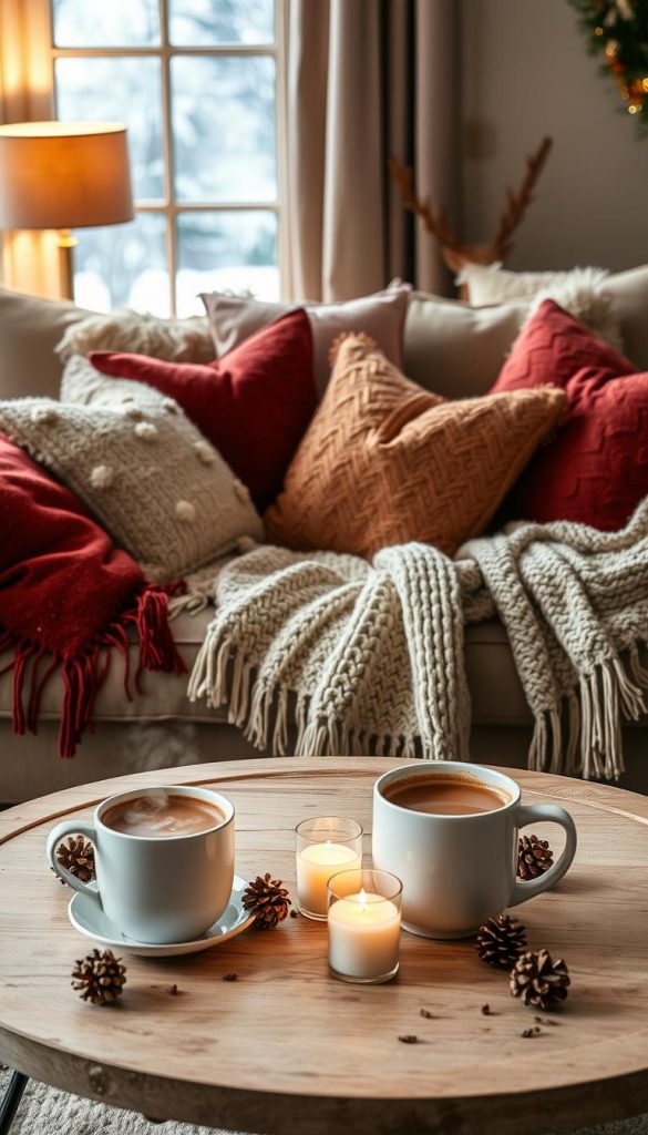 A cozy living room scene featuring a plush sofa adorned with an array of decorative cushions in various textures and warm winter colors, like deep reds, soft creams, and muted greens. Scatter knitted throws and faux fur blankets draped over the armrest, enhancing the snug atmosphere. In the foreground, a coffee table with a steaming cup of cocoa and seasonal decor elements like pinecones and candles creates an inviting setting. In the background, a softly lit lamp casts a warm glow, while a window shows a faint winter landscape outside. The overall mood should be warm and inviting, evoking winter vibes with a stylish Pinterest aesthetic. The image should reflect the brand KlickKiste.