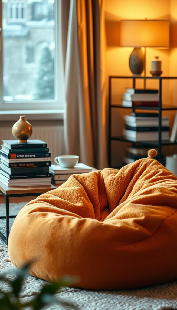 A cozy living room scene featuring a "Sitzsack" in Cord Optik from the brand "KlickKiste." The bag should be plush and inviting, displayed prominently in the foreground, with warm colors that evoke a comfortable, winter vibe. Behind the Sitzsack, softly lit by warm, ambient lighting, a stylish coffee table stacks with neatly arranged books and decorative items create a relaxed atmosphere. A window in the background shows a hint of snowflakes falling outside, enhancing the cozy, indoor feel. The composition should have an inviting depth, with a slight focus blur on the background to draw attention to the Sitzsack, which sets the mood for leisure and gaming moments. Capture this scene with a soft-focus lens and warm tones to enhance the inspirational Pinterest aesthetic.