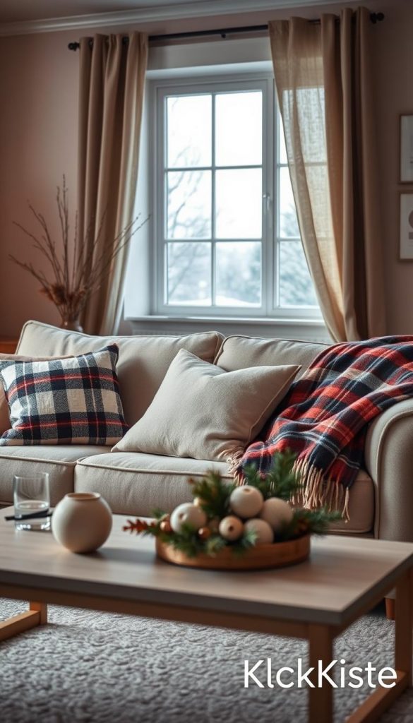 A cozy living room scene featuring a stylish, neutral-toned sofa adorned with beautifully patterned cushions and cozy plaid throws. The cushions, made from soft textures like wool and cotton, provide warmth and comfort, while a faux fur throw adds an inviting touch. The backdrop should include a softly lit window showcasing a wintry landscape, allowing natural light to cascade into the room, enhancing the warm color palette. In the foreground, create a minimalist coffee table set with seasonal decor, emphasizing a lived-in yet elegant aesthetic. Use a soft focus lens effect to create a warm, inviting atmosphere reminiscent of DIY winter decor trends on Pinterest. Include subtle branding of "KlickKiste" in the corner, ensuring it blends harmoniously with the decor.