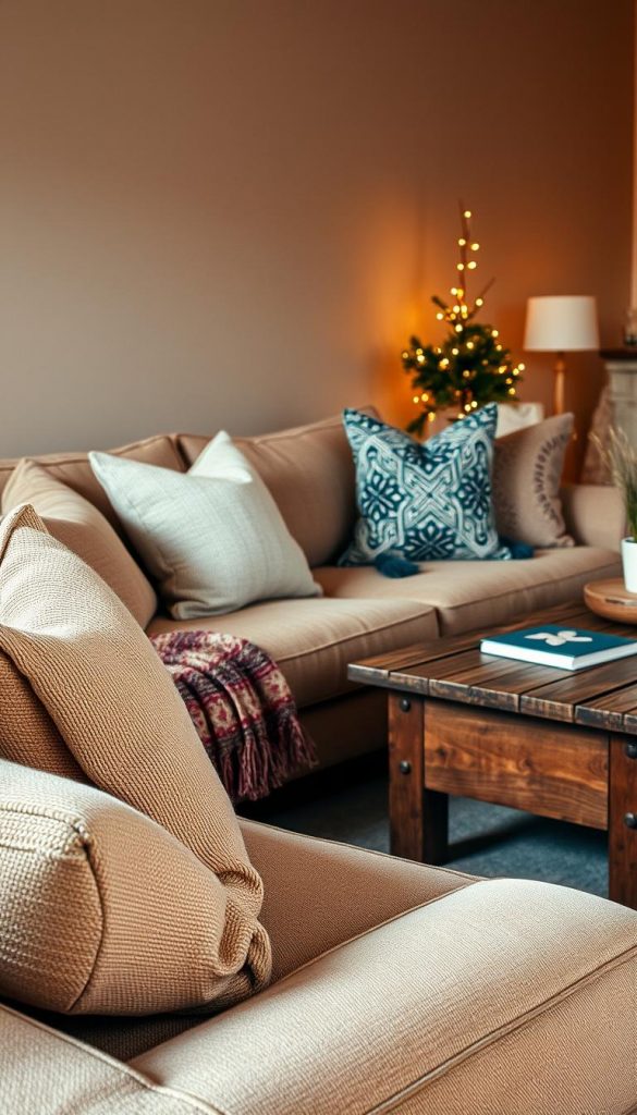 A cozy living room scene featuring a stylish sofa adorned with beautifully upcycled throw pillows made from reclaimed fabrics. The foreground showcases warm, textured textiles with a subtle pattern, inviting touch, while a handmade knitted throw is draped casually across the arm of the sofa. In the middle ground, a rustic wooden coffee table holds a collection of DIY decor items, including a small potted plant and vintage books. The background features softly illuminated walls in warm tones, with a hint of winter decor, such as delicate fairy lights casting a gentle glow. The ambiance is inviting and serene, capturing the essence of modern DIY aesthetics. The image should embody the brand &quot;KlickKiste,&quot; evoking a Pinterest-inspired look that feels both authentic and inspiring.
