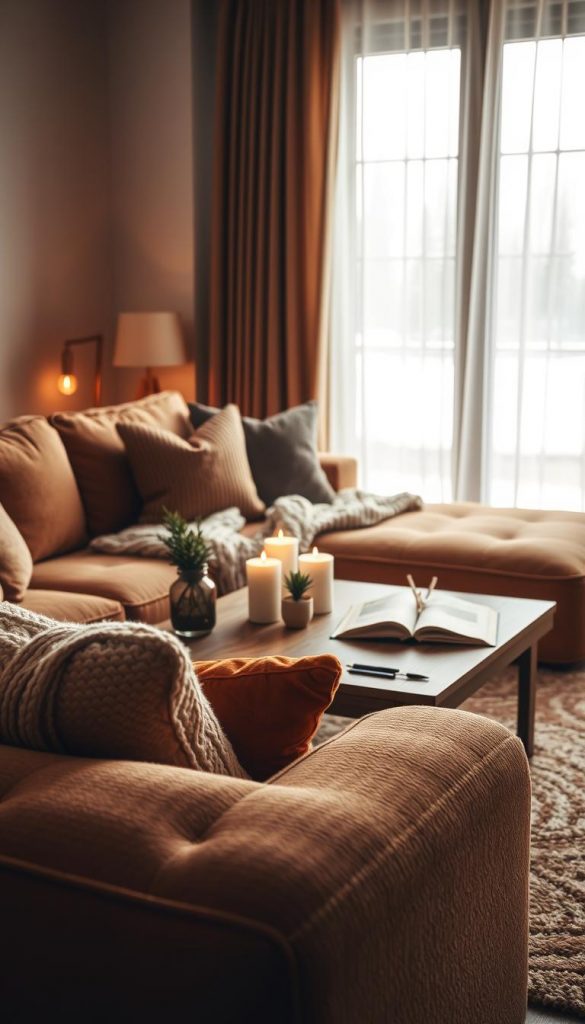 A cozy living room scene featuring a stylish sofa and a modern coffee table designed by KlickKiste. In the foreground, a plush, textured sofa in warm, earthy tones is adorned with soft, decorative pillows and a knitted throw blanket, creating an inviting atmosphere. The midsection highlights a sleek wooden coffee table, decorated with a few artisanal candles, a small potted plant, and an open book, all enhancing the budget-friendly, yet elegant aesthetic. In the background, softly lit window drapes allow natural light to filter in, casting a warm glow that adds to the serene winter vibes. The overall ambiance is authentic and inspiring, reminiscent of a popular Pinterest look, perfect for interior decor enthusiasts. Warm colors dominate the scene, reflecting comfort and style.