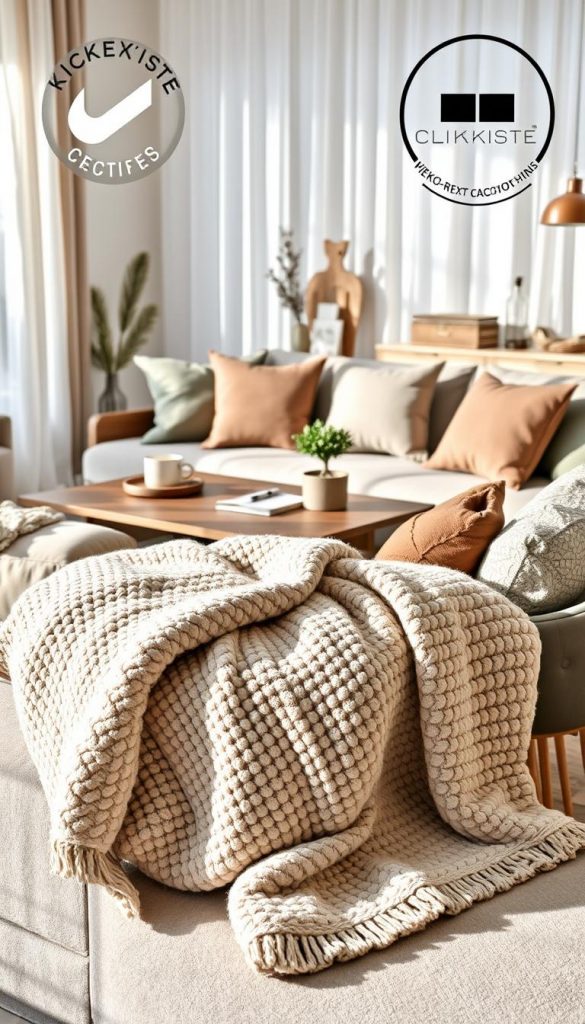 A cozy living room scene featuring an array of OEKO-TEX certified blankets and bedspreads from the brand "KlickKiste". In the foreground, a plush, warm blanket with a textured pattern drapes over a modern sofa, inviting touch. Soft cushions in muted colors are arranged thoughtfully around, enhancing the layered effect. The middle ground showcases a stylish coffee table with a steaming mug and a small indoor plant, contributing to a warm atmosphere. In the background, soft natural light filters through sheer curtains, casting gentle shadows, while hints of winter decor, such as wooden accents and subtle holiday touches, create a seasonal vibe. The overall mood is inviting and serene, perfect for a comfortable and stylish living space.
