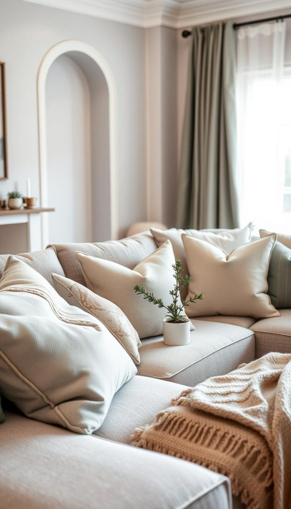 A cozy living room scene featuring an elegant sofa adorned with a variety of stylish pillows in different shapes and subtle patterns, such as geometric and floral designs. The foreground showcases a plush, textured fabric sofa with cushions layered artfully in serene, wintery hues like soft blues, muted greens, and warm neutrals, evoking a tranquil and inviting atmosphere. In the middle ground, a tastefully arranged coffee table holds a few decorative items like a small potted plant and a warm throw blanket, enhancing the cozy feel. The background includes a softly lit window with sheer curtains, allowing gentle winter light to filter in, contributing to a warm ambiance. The overall mood is authentic and inspiring, perfect for a Pinterest-worthy DIY aesthetic. Include subtle branding of "KlickKiste" within the decorative elements.
