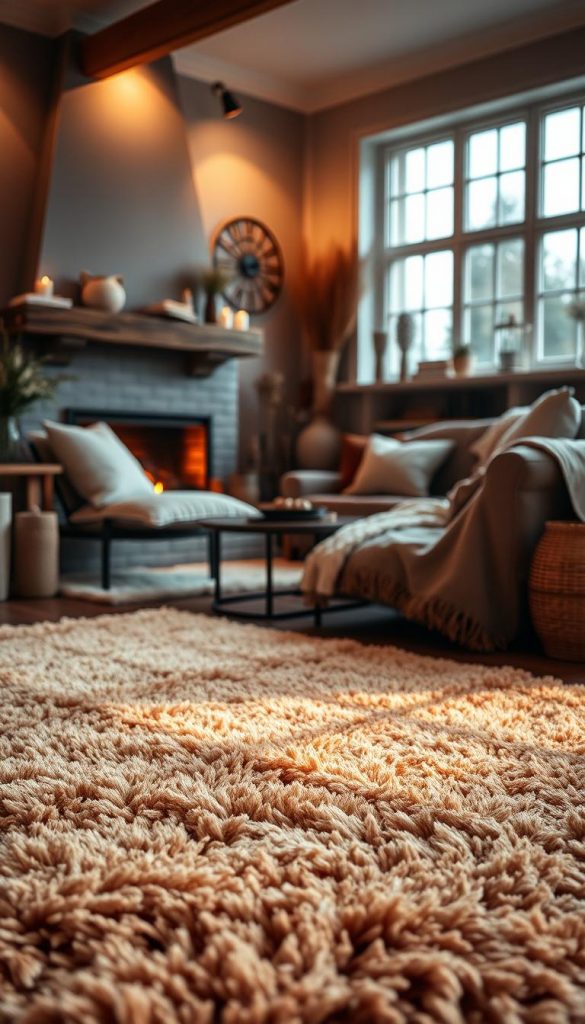 A cozy living room scene featuring plush, inviting rugs that embody the "flauschfaktor" and warm colors suitable for winter vibes, inspired by the brand "KlickKiste." In the foreground, showcase a large, soft area rug in a rich, warm hue with subtle textures that highlight its fluffiness. In the middle ground, arrange comfortable seating—a stylish couch adorned with soft cushions, bathed in soft, ambient lighting to enhance the inviting atmosphere. The background includes a softly glowing fireplace with a gentle warmth spreading throughout the room. Capture the scene with a warm, natural light as if it's late afternoon, using a wide-angle lens to create depth. The overall mood should be authentic and inspirational, perfect for a Pinterest-worthy interior.
