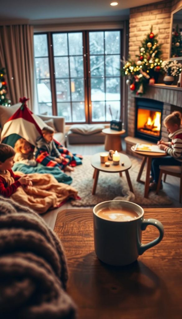 A cozy living room scene filled with family-friendly snow day activities at home. In the foreground, children build a fort with colorful blankets and pillows, their faces illuminated with joy and laughter. Nearby, a family member sits at a wooden table, engaged in a warm craft project, surrounded by art supplies. In the middle ground, a steaming cup of hot cocoa rests on a side table, with a view of snowflakes falling outside through a large window adorned with festive decorations. The background showcases a crackling fireplace, casting a warm glow throughout the room, creating an inviting atmosphere. Capture this scene with soft, natural lighting and a slightly elevated angle to emphasize the inviting and warm ambiance of winter indoors. A touch of Pinterest-inspired aesthetics and warm colors gives a natural DIY feel, perfect for a brand like KlickKiste.