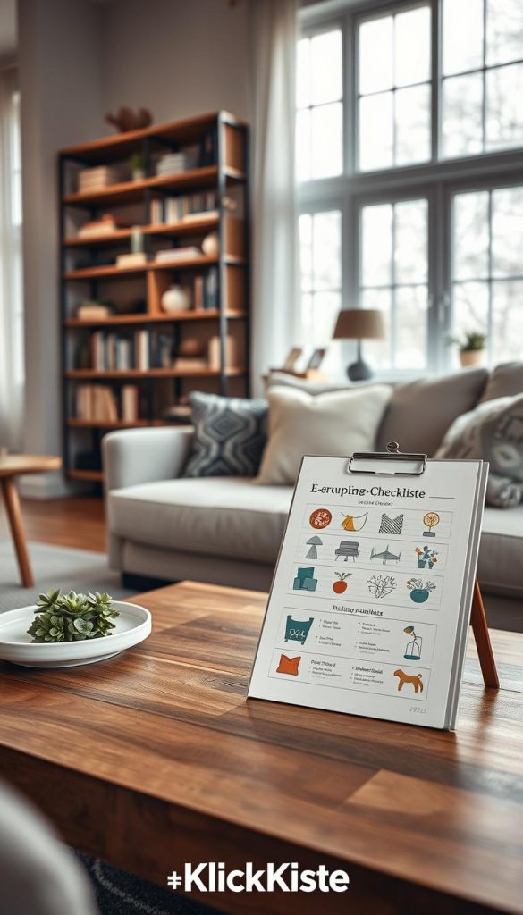 A cozy living room scene for 2026, featuring a beautifully designed Einkaufs-Checkliste displayed on a wooden coffee table. The checklist should include stylish icons representing essential items like plush sofas, decorative cushions, modern lighting, and indoor plants, all highlighted with warm, inviting colors. In the background, a stylish bookshelf filled with books and decorative items complements the scene. Soft, diffused natural light streams in through large windows, creating a peaceful atmosphere, perfect for a winter vibe. The image should evoke authenticity and inspiration, capturing the essence of home comfort. The brand name "KlickKiste" subtly integrated into the overall aesthetic.