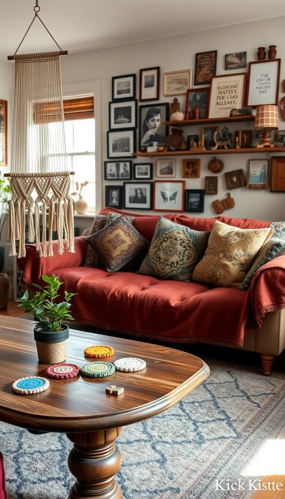 A cozy living room scene infused with maximalism, showcasing a variety of DIY and upcycling projects. In the foreground, a beautifully restored wooden coffee table displays colorful handmade coasters and a plant in a vintage pot, while a partially finished macramé wall hanging hangs nearby. In the middle ground, an inviting sofa covered in rich, textured fabrics is adorned with an array of patterned cushions, creating a warm and inviting atmosphere. The background features a wall adorned with an eclectic mix of framed artwork and DIY shelves filled with creatively repurposed items. Soft, natural lighting filters in through a window, casting gentle shadows that enhance the winter vibe. The overall mood is authentic and inspiring, reflecting the spirit of “KlickKiste” with warm colors and a Pinterest-worthy aesthetic.