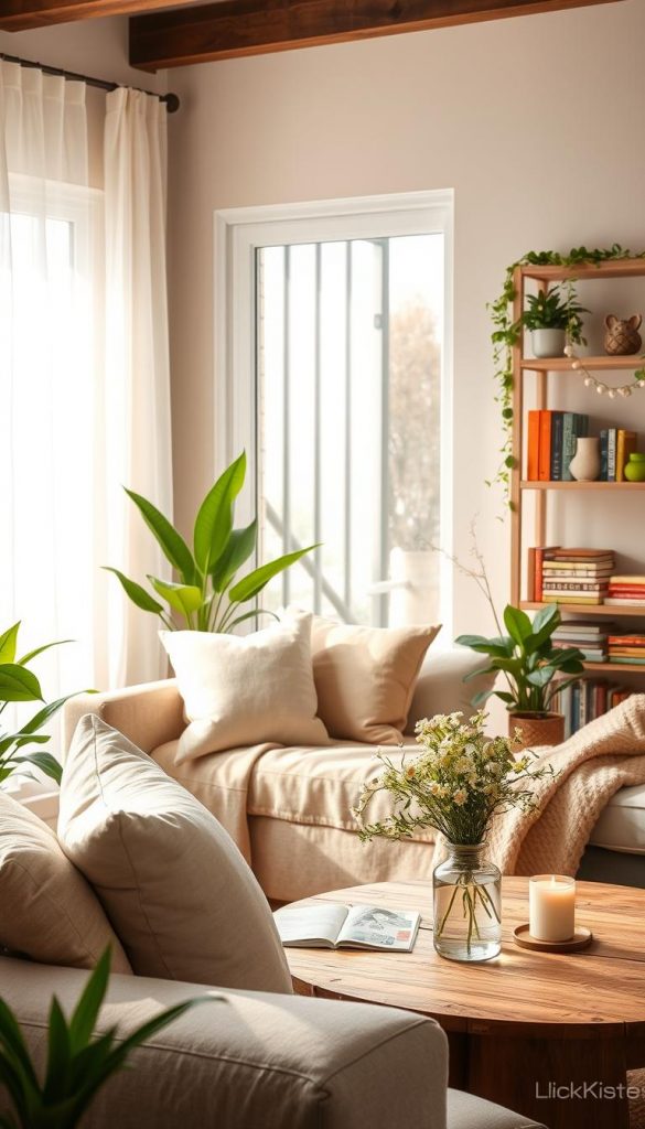 A cozy living room scene inspired by early spring, showcasing a harmonious blend of natural elements and warm colors. In the foreground, a comfortable sofa adorned with pastel-colored cushions and a soft throw, alongside a rustic coffee table with fresh flowers in a simple vase. In the middle ground, a large window letting in soft, diffused natural light, framed by sheer curtains swaying gently. Lush green plants in the corners add a refreshing touch, while spring-themed decorations, like handmade garlands and eco-friendly candles, create a welcoming atmosphere. The background features a tastefully styled shelf with colorful books and decorative items, embodying a Pinterest-worthy aesthetic. This image should evoke feelings of warmth and inspiration, ideal for a modern spring home makeover, branded by KlickKiste.