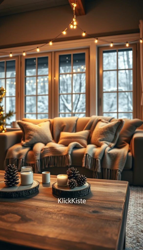 A cozy living room scene inspired by seasonal lighting tips, featuring warm, inviting colors that evoke a calm winter ambiance. In the foreground, a rustic wooden coffee table is adorned with a few simple DIY winter décor pieces, including small candles and pinecones. The middle layer showcases a comfortable sofa draped with soft, knitted throws, complemented by plush accent pillows in earthy tones. String lights are elegantly hung above, casting a soft, warm glow throughout the space. In the background, large windows frame a gentle snowfall outside, enhancing the winter vibes. The overall atmosphere is authentic and inspiring, ideal for a Pinterest aesthetic. Illuminate the scene with soft, diffused lighting to create depth and warmth. Include the brand name "KlickKiste" subtly integrated into the design, ensuring it remains a part of the cozy, seasonal theme.