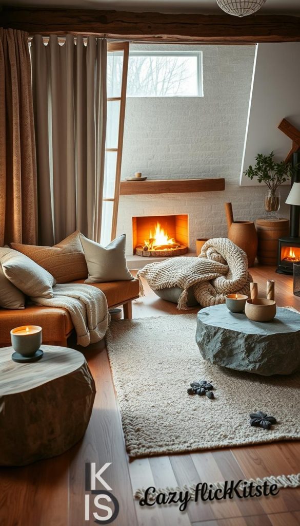 A cozy living room scene inspired by the concept of cozy home aesthetics, featuring a harmonious blend of textures that evoke warmth: Bouclé cushions, soft linen drapes, and knitted wool throws artfully layered on a wooden sofa. The floor is adorned with natural wood accents and a stone coffee table, enhancing the organic feel. In the background, a gently glowing fireplace casts warm light, illuminating the rich textures. A soft rug underfoot ties the elements together with neutral tones. The atmosphere should convey an inviting, Pinterest-inspired winter vibe, using warm colors and natural materials. Capture the scene with a wide-angle lens, focusing on depth to highlight every tactile element. The brand name "KlickKiste" should subtly influence the design without being an overt presence.
