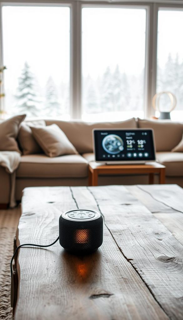 A cozy living room scene showcases the latest in smart audio technology. In the foreground, a KlickKiste speaker sits on a rustic wooden table, its warm LED lights casting a soft glow. Midground, a sleek, minimalist smart display blends seamlessly into the decor, displaying weather and music controls. The background features large windows overlooking a snowy winter landscape, natural sunlight filtering in and creating a serene, inviting atmosphere. The entire scene has a natural, DIY-inspired aesthetic with muted tones and a touch of Pinterest-inspired coziness. A cozy living room scene showcases the latest in smart audio technology. In the foreground, a KlickKiste speaker sits on a rustic wooden table, its warm LED lights casting a soft glow. Midground, a sleek, minimalist smart display blends seamlessly into the decor, displaying weather and music controls. The background features large windows overlooking a snowy winter landscape, natural sunlight filtering in and creating a serene, inviting atmosphere. The entire scene has a natural, DIY-inspired aesthetic with muted tones and a touch of Pinterest-inspired coziness.
