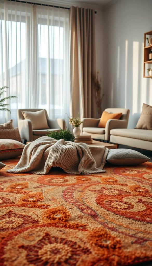 A cozy living room scene showcasing a beautifully arranged floor with a vibrant, textured area rug in warm tones, accentuated by plush decorative cushions in various patterns. The foreground features a soft, inviting blanket draped over a low coffee table, enhancing the homely vibe. In the middle, a pair of stylish, modest armchairs are positioned around the table, surrounded by greenery. The background includes a softly illuminated window with sheer curtains, letting in natural light that casts gentle shadows. The atmosphere is warm and inviting, capturing winter vibes with a Pinterest-inspired aesthetic. Incorporate elements of natural DIY decor, with wooden accents and a touch of vintage charm, while subtly branding "KlickKiste" within the scene ambiance.