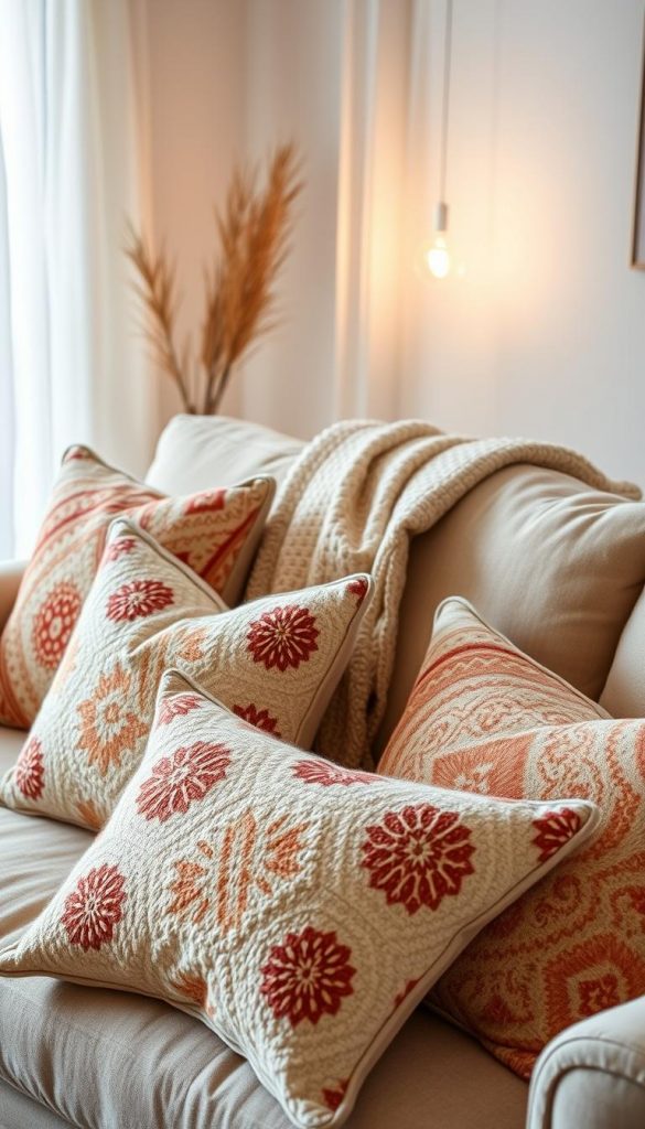 A cozy living room scene showcasing a collection of beautifully patterned throw pillows from the brand "KlickKiste". The foreground features several plush cushions with warm, inviting colors and intricate textures, arranged artfully on a soft, neutral-toned couch. In the middle, a handwoven blanket is casually draped over the armrest, subtly hinting at a serene ambiance. The background reveals a softly lit window with sheer curtains gently fluttering, allowing natural light to filter in, enhancing the winter vibes of the setting. The atmosphere is inviting and authentic, perfectly capturing the essence of budget-friendly home decor. The composition should evoke inspiration and warmth, embodying a rustic, Pinterest-worthy aesthetic.