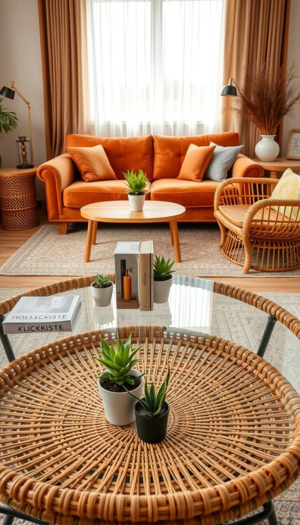 A cozy living room scene showcasing a harmonious material mix of glass, metal, wood, and rattan. In the foreground, a stylish rattan coffee table with a glass top is adorned with small potted plants and a metallic bookend. The middle ground features a plush velvet sofa paired with wooden side tables, while a vibrant rattan armchair adds texture. The background showcases a large window with sheer curtains, allowing warm natural light to illuminate the room, creating a welcoming winter atmosphere. The overall color palette includes warm tones, enhancing the DIY, Pinterest-inspired aesthetic. Capture this image from a slightly elevated angle to highlight the arrangement and overall coziness. Include subtle branding for "KlickKiste" in the decor items.