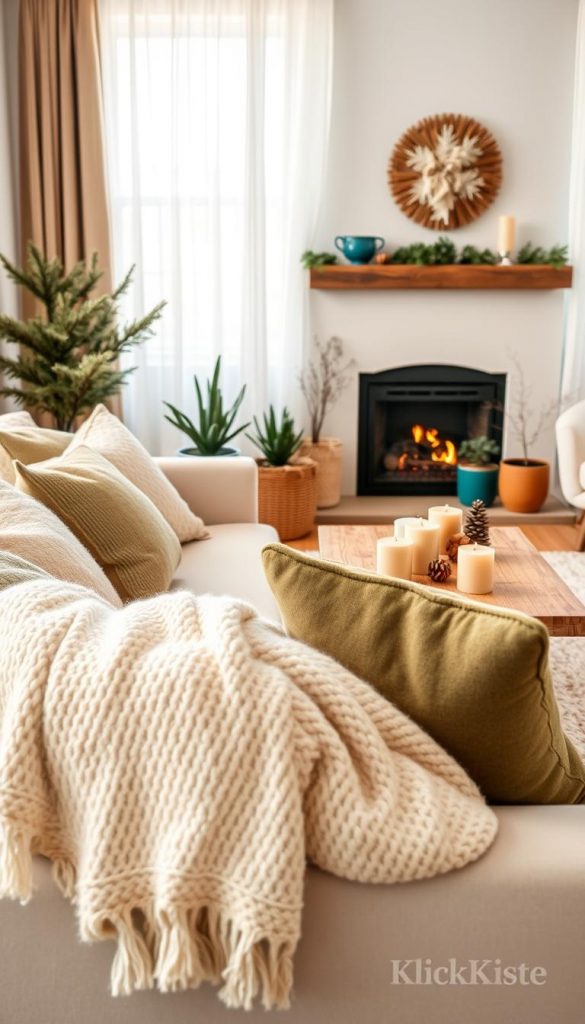 A cozy living room scene showcasing a winter décor theme, featuring a color palette of bright neutrals, warm earthy tones, and a touch of petrol. In the foreground, a softly textured throw blanket drapes over a light-colored sofa, accompanied by plush cushions in shades of beige and moss green. The middle layer reveals a rustic wooden coffee table adorned with natural decor elements, like pine cones and candles in muted colors. In the background, a gently glowing fireplace adds warmth, surrounded by potted plants in deep teal. Soft, natural light filters through sheer curtains, creating a serene atmosphere. This image has an authentic DIY aesthetic, capturing winter vibes with an inspiring Pinterest look. Visual style inspired by the brand "KlickKiste".