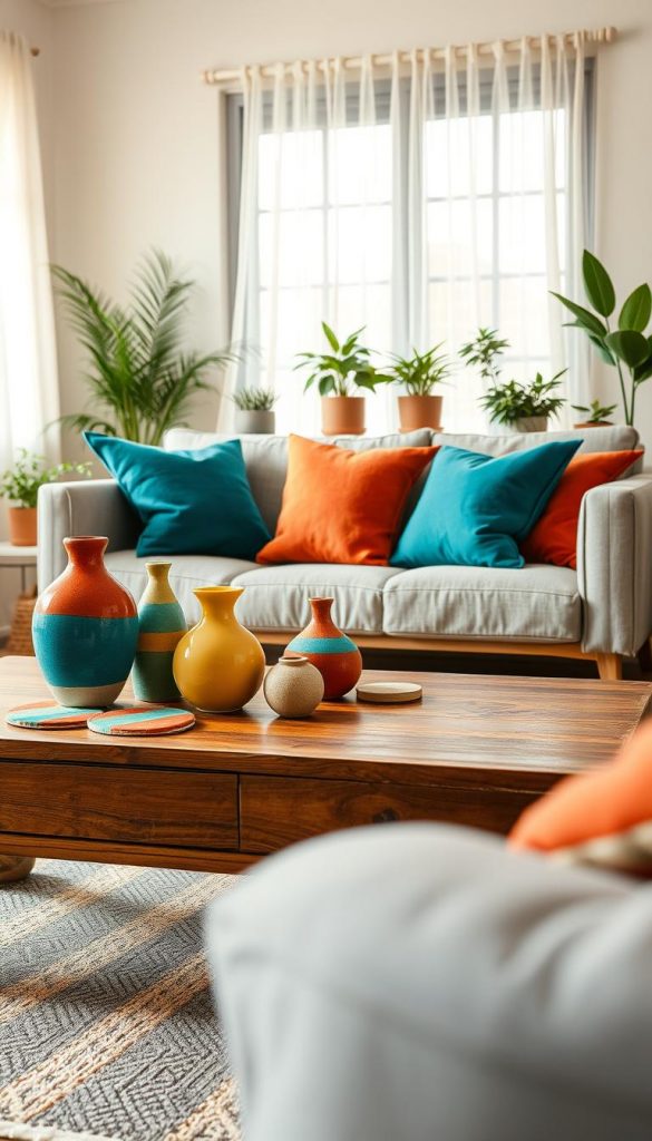 A cozy living room scene showcasing an upcycling theme with vibrant color accents. In the foreground, a beautifully restored wooden coffee table is adorned with DIY decor items—colorful ceramic vases and hand-painted coasters. The middle ground features a comfortable, modern sofa with warm, inviting cushions in rich shades of teal and rust, positioned against a wall painted in a soft pastel tone. The background reveals a window with sheer curtains, allowing natural light to flood the space, creating a warm, inviting atmosphere. The room is tastefully decorated with potted indoor plants, emphasizing a Pinterest-inspired aesthetic. Scene evokes a feeling of creativity and sustainability, reflecting a contemporary lifestyle. Include elements branded with "KlickKiste" subtly displayed on decor items. The overall mood is inspiring and authentic, perfect for a winter vibe.
