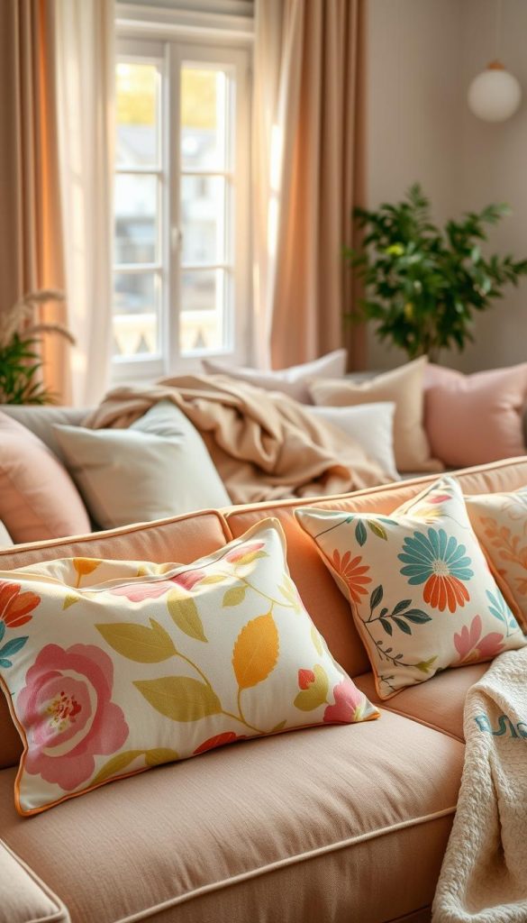 A cozy living room scene showcasing beautifully arranged decorative inserts and cushions on a stylish sofa and bed. The foreground features an array of vibrant, patterned cushions in warm spring colors—soft pastels and floral designs, inviting touch. In the middle, a gently draped throw blanket adds texture and warmth, while various cushion sizes are layered for a designer look. The background includes a softly lit window with light filtering through, casting warm, natural light across the room. The atmosphere feels inviting and serene, ideal for a DIY aesthetic. The brand name "KlickKiste" subtly integrated into the decor adds a touch of authenticity and inspiration. Use a wide angle lens for depth, emphasizing the warmth and comfort of the space.