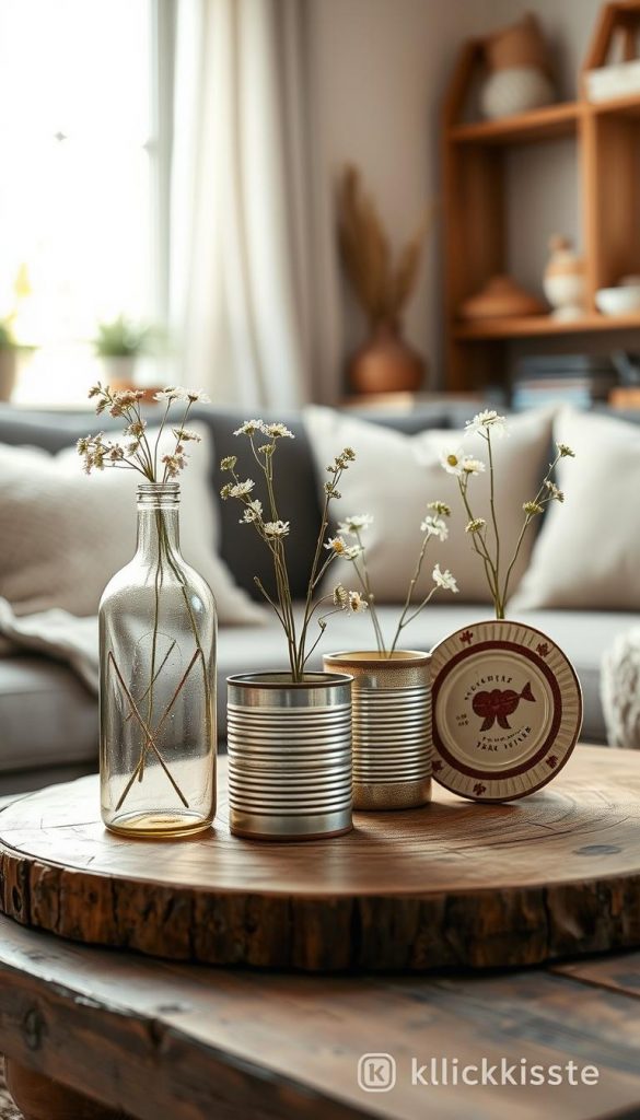 A cozy living room scene showcasing beautifully crafted vases made from upcycled materials, arranged on a rustic wooden table. The foreground features a collection of distinct vases—one made from an old glass bottle, another from a tin can, and a third from a ceramic plate, each adorned with delicate flowers. In the middle, a soft, warm light filters through a nearby window, casting gentle shadows and highlighting the textures of the materials. The background is softly blurred to suggest a stylish, Pinterest-worthy interior with neutral tones, cozy textiles, and hints of greenery for a natural vibe. The atmosphere should feel inviting and inspiring, perfect for DIY enthusiasts, evoking winter warmth. Include “KlickKiste” branding subtly integrated into the scene, but not as a direct element.