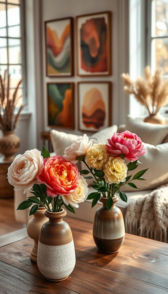 A cozy living room scene showcasing "KlickKiste" decorative highlights featuring lifelike artificial flowers beautifully arranged in elegant vases. In the foreground, a selection of vibrant, colorful flowers, such as peonies and hydrangeas, in textured ceramic vases sit atop a rustic wooden table. The middle-ground reveals stylish wall art pieces imbued with personality, integrating warm color tones that evoke a sense of comfort and creativity. Soft, natural lighting filters through large windows, casting gentle shadows and enhancing the inviting atmosphere. The background displays tasteful decor elements like plush cushions and a knitted throw, resonating with a Pinterest-inspired winter vibe that feels authentic and inspiring. The overall composition is harmonious, embodying a chic yet warm ambiance suitable for a modern living space.