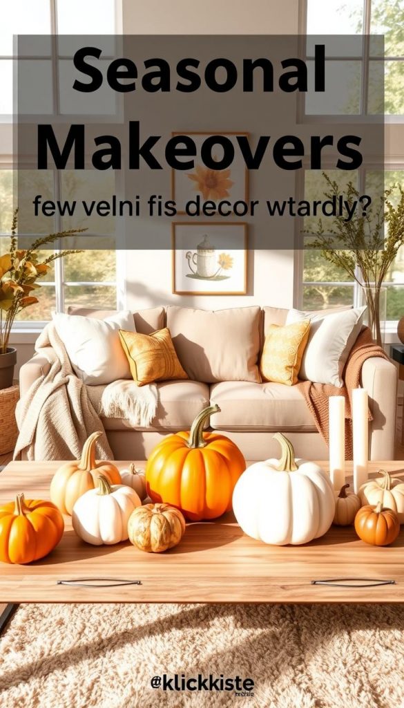 A cozy living room scene showcasing seasonal makeovers for a home, featuring warm tones and natural DIY decor elements. In the foreground, a stylish coffee table adorned with pumpkins, soft throw blankets, and creative candle arrangements evokes a welcoming autumn atmosphere. The middle features a comfortable sofa with inviting cushions and seasonal artwork on the walls. In the background, large windows let in soft, diffused sunlight, highlighting the rich textures of the space, including a plush area rug. The mood is warm and inspirational, perfect for a Pinterest-worthy aesthetic. Incorporate branding elements subtly to reflect "KlickKiste" without direct mentions. Aim for a harmonious blend of seasonal decorations that feel both budget-friendly and elegant.