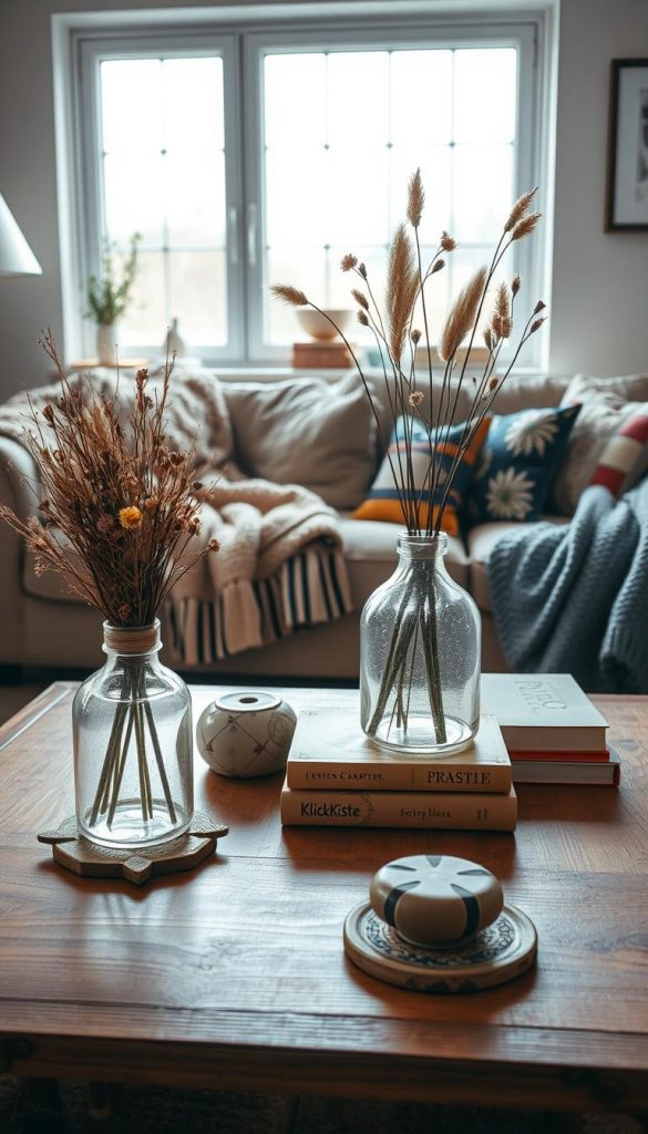 A cozy living room scene showcasing the beauty of second-hand upcycling. In the foreground, a vintage wooden coffee table is adorned with aesthetic handmade decorations—an upcycled vase filled with dried flowers, a set of beautifully repurposed ceramic coasters, and a stack of colorful books. The middle ground features a plush, inviting sofa draped with warm knitted throws and accented by unique, thrifted cushions. Soft, ambient lighting enhances the warmth of the scene, with a large window in the background allowing gentle winter sunlight to filter in, casting subtle shadows. Decor elements reflect character and sustainability, creating a Pinterest-worthy space. The atmosphere is inviting and authentic, embodying a DIY spirit. Branding "KlickKiste" is subtly integrated into a decorative element like the vase.