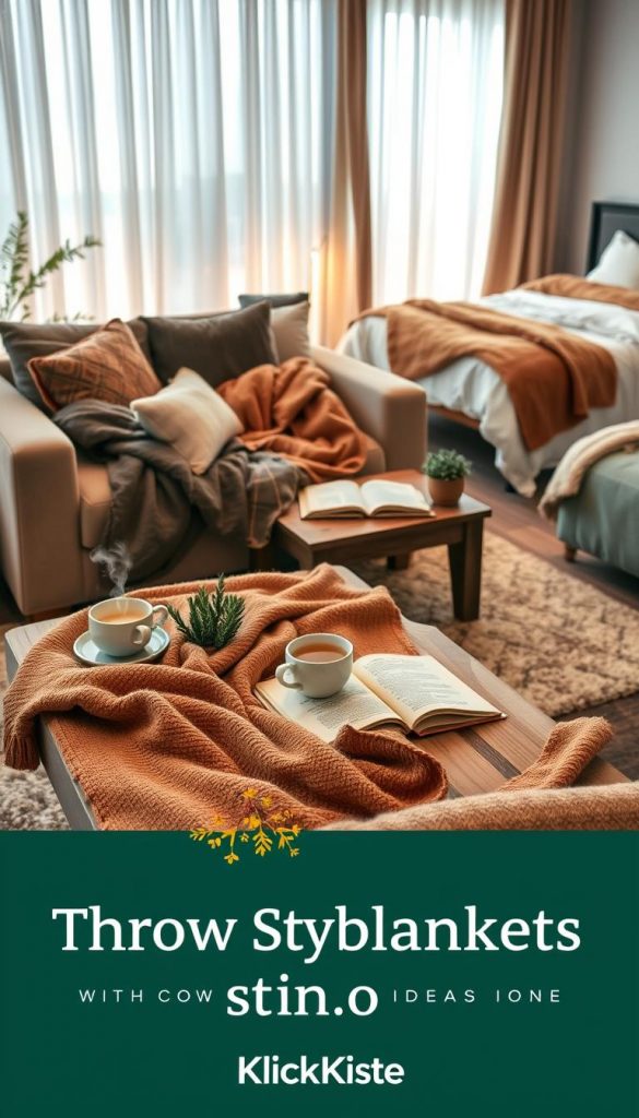 A cozy living room scene showcasing various throw blanket styling ideas. In the foreground, a beautifully draped, textured throw blanket in warm earth tones is artistically layered over a plush sectional sofa, complemented by a few accent pillows. In the middle ground, a rustic wooden coffee table features a steaming cup of tea and an open book, surrounded by potted greenery. The background showcases soft ambient lighting filtering through sheer curtains, casting a warm glow. A subtly styled bed with coordinating throw blankets in a contrasting color palette is visible to the side, creating a harmonious winter vibe. The overall atmosphere is inviting and inspiring, reminiscent of a Pinterest aesthetic. Naturally, the branding &quot;KlickKiste&quot; is subtly integrated into the scene, enhancing the cozy aesthetic without overpowering it.