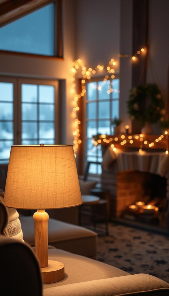 A cozy living room scene, softly lit with warm tones. In the foreground, a KlickKiste table lamp casts a gentle glow, its wooden base and linen shade blending seamlessly with the winter decor. Across the room, a string of twinkling fairy lights draped over a rustic wooden mantel creates a dreamy, atmospheric ambiance. In the background, a large window offers a glimpse of a snowy winter landscape, the muted tones of the outdoors complementing the inviting indoor setting. The overall mood is one of tranquility and hygge, perfect for a restful winter's night.