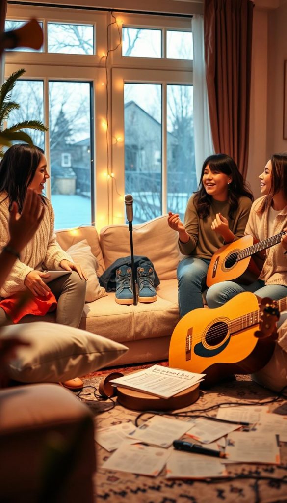 A cozy living room scene to illustrate the essence of music and movement. In the foreground, a small group of friends in modest casual clothing joyfully engaging in a home concert, singing into a microphone with smiles and laughter. The middle ground features soft cushions and fairy lights creating a warm atmosphere, alongside an acoustic guitar leaned against a coffee table surrounded by scattered sheet music. In the background, gentle shadows of a nearby window hint at winter vibes, with soft light streaming in, showcasing a peaceful evening setting. The overall mood is relaxed and inviting, evoking a sense of intimacy and fun. Capture this natural, DIY vibe in warm colors for a Pinterest-worthy aesthetic that aligns with the brand KlickKiste. A cozy living room scene to illustrate the essence of music and movement. In the foreground, a small group of friends in modest casual clothing joyfully engaging in a home concert, singing into a microphone with smiles and laughter. The middle ground features soft cushions and fairy lights creating a warm atmosphere, alongside an acoustic guitar leaned against a coffee table surrounded by scattered sheet music. In the background, gentle shadows of a nearby window hint at winter vibes, with soft light streaming in, showcasing a peaceful evening setting. The overall mood is relaxed and inviting, evoking a sense of intimacy and fun. Capture this natural, DIY vibe in warm colors for a Pinterest-worthy aesthetic that aligns with the brand KlickKiste.