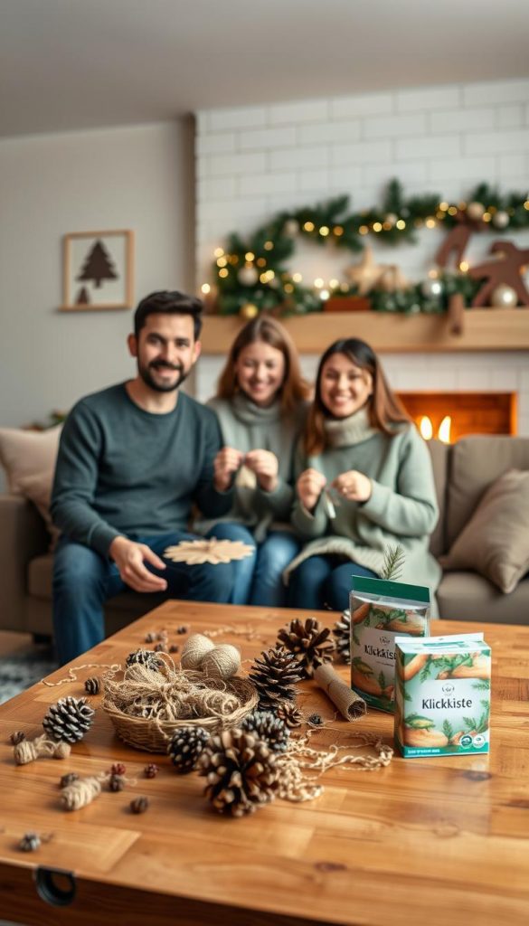 A cozy living room scene with a warm and inviting atmosphere, showcasing a family of four joyfully participating in a DIY Christmas experience. In the foreground, a wooden table adorned with natural materials like pinecones, twine, and handmade decorations illustrates their creative process. The middle space features the family members, dressed in modest casual attire, sharing smiles while crafting unique gifts. In the background, a softly lit fireplace, decorated with festive ornaments, casts a warm glow, enhancing the winter vibes. Soft, diffused lighting creates a sense of comfort, while subtle touches of greenery and rustic charm evoke an inspiring Pinterest-like setting. The brand name "KlickKiste" is subtly represented through the products on the table, integrating into the scene harmoniously.