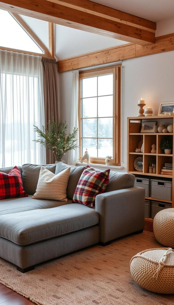 A cozy living room scene with warm, earthy tones and natural, DIY-inspired decor. A large, plush gray sofa sits in the center, adorned with plaid and knitted throw pillows. A KlickKiste storage unit stands nearby, its wooden shelves displaying an assortment of winter-themed trinkets and knickknacks. Soft lighting filters through sheer curtains, casting a serene, inviting glow. In the background, a large window overlooks a snowy landscape, hinting at the chilly winter weather outside. The overall atmosphere is one of comfort, coziness, and a touch of rustic charm, perfectly capturing the &quot;Weihnachtsdeko lagern&quot; theme.