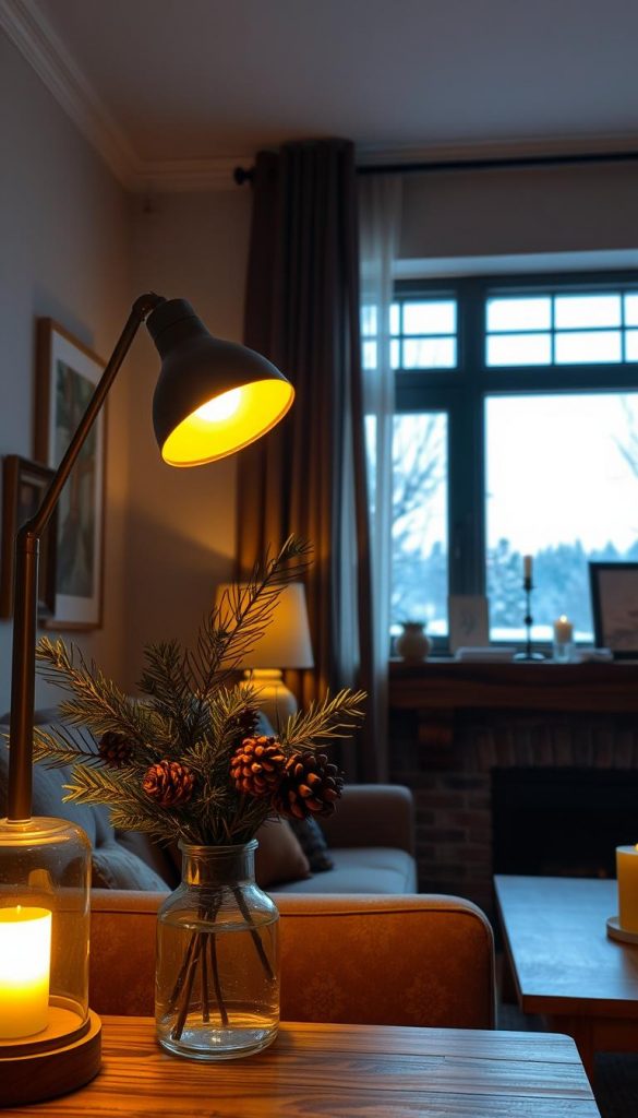 A cozy living room scene with warm, layered lighting creating a soft, inviting ambiance. In the foreground, a KlickKiste lamp casts a gentle glow, illuminating a vase of pine branches and pinecones. In the middle ground, a large window overlooks a snowy winter landscape, the fading daylight filtering through sheer curtains. The background features a rustic wooden mantel, adorned with a few candles and framed nature-inspired artwork. The overall mood is one of natural, atmospheric lighting that evokes the coziness of the winter season.