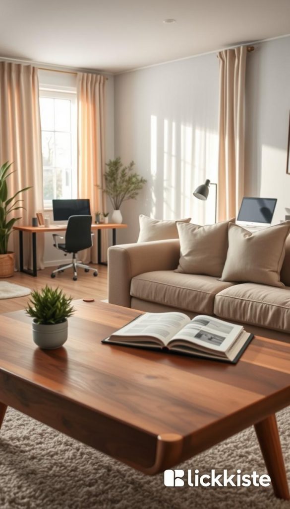 A cozy living room seamlessly merging a home office, showcasing a clean and decluttered aesthetic. In the foreground, a stylish wooden coffee table adorned with a few carefully arranged decorative items, like a small plant and an open notebook. The middle layer features a comfortable beige sofa with plush cushions, complemented by a well-organized workspace with a sleek desk and modern laptop. Warm, natural lighting filters through a large window draped with light, airy curtains, enhancing the inviting atmosphere. Soft, winter-themed decor with subtle hints of DIY craftsmanship adds an authentic touch, while a serene color palette evokes tranquility. The image reflects the essence of an organized, inspiring environment perfect for productivity. Brand elements of "KlickKiste" subtly integrated into decor pieces.