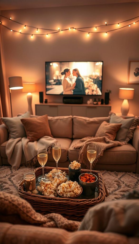 A cozy living room set up for a romantic movie night, featuring a plush couch adorned with soft blankets and decorative pillows, invitingly arranged. In the foreground, a low coffee table holds a beautifully arranged picnic spread with artisanal snacks, popcorn, and two glasses of sparkling drink. The middle section showcases a large TV displaying a classic romantic film, softly illuminated. The background reveals warm, ambient lighting from stylish floor and table lamps, creating an intimate atmosphere. Decorative string lights add a whimsical touch above. The overall color palette consists of warm hues, evoking a Pinterest-worthy aesthetic with a winter vibe. The style should reflect a natural DIY look, inspired by the warmth and comfort of home. Perfect for a romantic date night scenario. Mark this image with "KlickKiste".