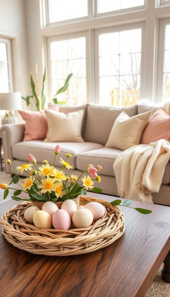A cozy living room setting adorned with pastel Easter accents, featuring soft pinks, yellows, and greens. In the foreground, a beautifully arranged coffee table showcases handcrafted Easter decorations such as painted eggs in a woven basket and delicate spring flowers in pastel shades. The middle ground includes a plush sofa with matching pastel cushions and a light, airy throw blanket draped casually over one arm. The background reveals large windows allowing natural light to pour in, illuminating the room with a warm glow. The atmosphere is inviting and cheerful, perfect for springtime. The composition should evoke a modern yet comfortable aesthetic, embodying a Pinterest-inspired, DIY ambiance. Created by KlickKiste.