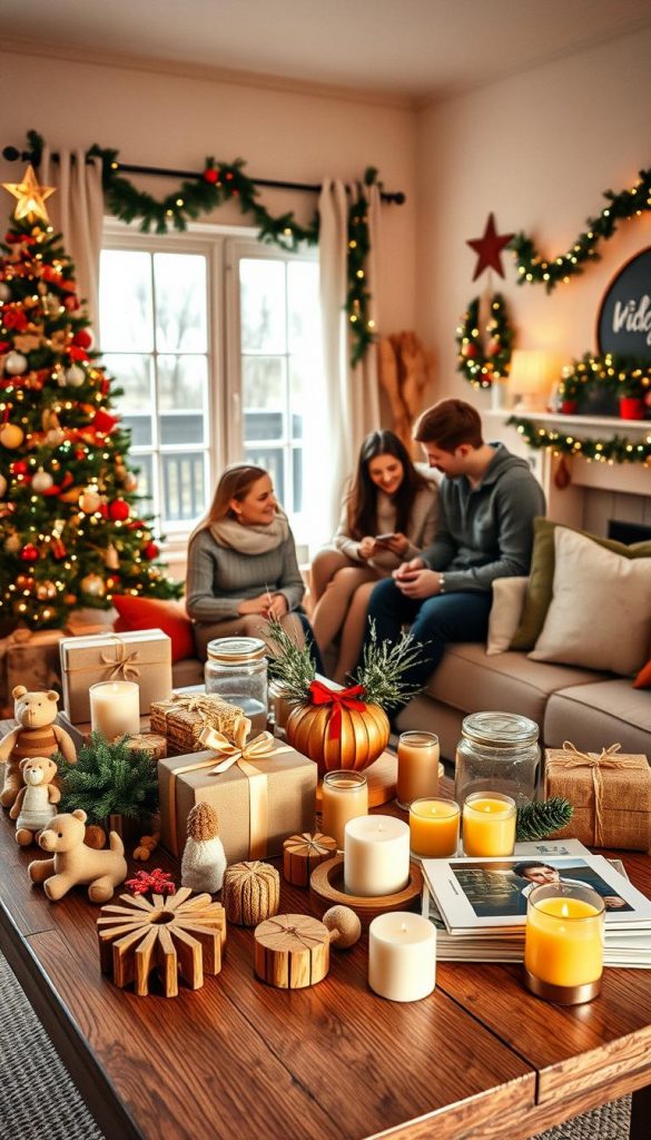 A cozy living room setting adorned with warm winter vibes, featuring a beautifully decorated Christmas tree and a rustic wooden table filled with an array of thoughtfully curated DIY gift ideas for parents. In the foreground, there are handcrafted wooden toys, homemade candles, and personalized photo albums, each styled in a warm color palette that evokes a sense of comfort and creativity. The middle ground should include a family engaged in a joyful gift selection process, dressed in modest, casual clothing, capturing the essence of a heartwarming holiday moment. Soft, natural lighting filters through nearby windows, casting gentle shadows that enhance the inviting atmosphere. The background reveals festive decorations, like twinkling lights and garlands, adding to the overall Pinterest-inspired aesthetic. Include a subtle branding element of "KlickKiste" integrated into the decor.