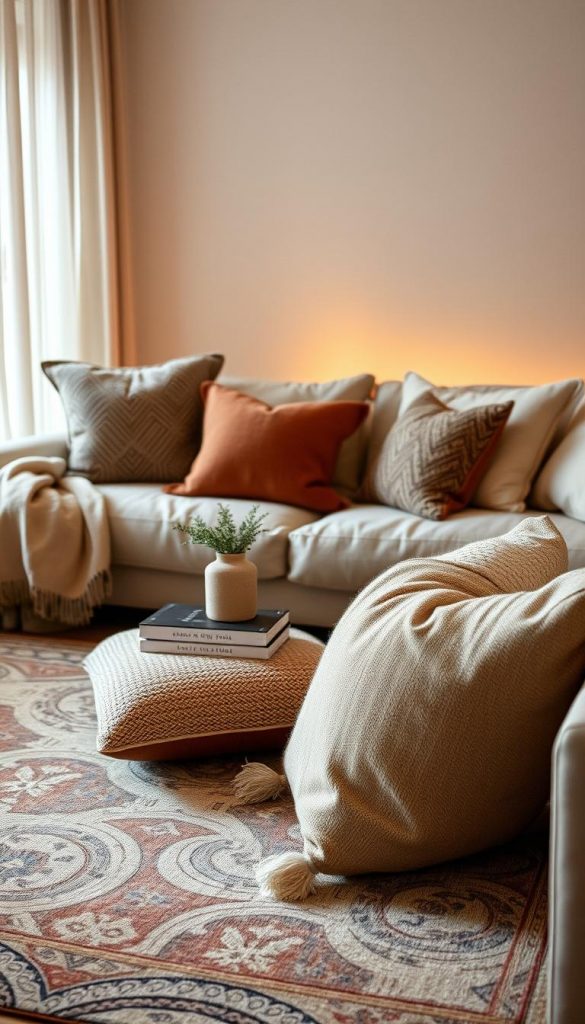A cozy living room setting featuring a foundation sofa made of soft linen, adorned with an elegantly patterned rug that contrasts beautifully with the neutral tones of the sofa. In the foreground, place plush throw pillows in rich textures and subtle shades that enhance the inviting atmosphere. The middle ground can showcase a stylish coffee table with natural elements like a small potted plant and a stack of art books, adding depth to the scene. In the background, warm ambient lighting creates a soft glow, evoking a winter vibe that feels both authentic and inspiring. Capture this arrangement from a slightly elevated angle with a 35mm lens to emphasize the textures and inviting warmth of the space, showcasing the trademark look of KlickKiste. A cozy living room setting featuring a foundation sofa made of soft linen, adorned with an elegantly patterned rug that contrasts beautifully with the neutral tones of the sofa. In the foreground, place plush throw pillows in rich textures and subtle shades that enhance the inviting atmosphere. The middle ground can showcase a stylish coffee table with natural elements like a small potted plant and a stack of art books, adding depth to the scene. In the background, warm ambient lighting creates a soft glow, evoking a winter vibe that feels both authentic and inspiring. Capture this arrangement from a slightly elevated angle with a 35mm lens to emphasize the textures and inviting warmth of the space, showcasing the trademark look of KlickKiste.