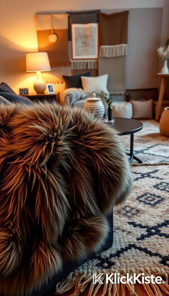 A cozy living room setting featuring a rich, layered composition of various teppich textures and plush faux fur elements. In the foreground, a luxurious faux fur throw drapes elegantly over a soft, patterned teppich, inviting warmth and comfort. The middle ground showcases a variety of stylish rugs, each with distinct weaves and colors, creating a visually appealing tapestry of textures. The background reveals a tastefully decorated living space with warm, ambient lighting that enhances the inviting atmosphere, reminiscent of a Pinterest-inspired winter vibe. A subtle glow from a nearby lamp adds to the cozy feel. This scene captures the essence of warmth underfoot for a perfect winter retreat, branded with "KlickKiste".