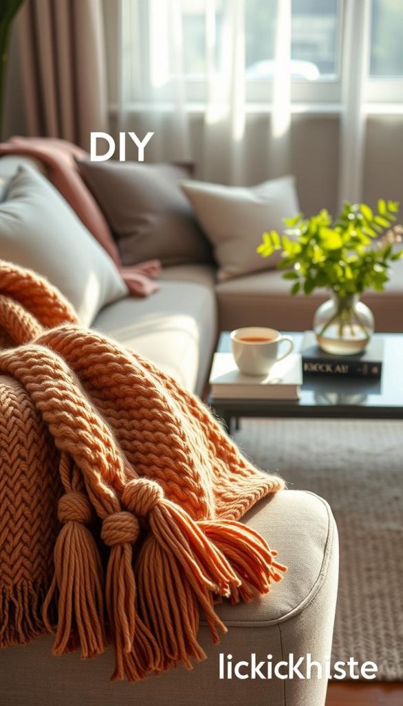 A cozy living room setting featuring a stylish throw blanket draped elegantly over a modern sofa, showcasing its rich texture and material size. The foreground features intricate details of a chunky knit blanket in warm, earthy tones paired with knotted tassels. In the middle, a sleek coffee table holds a steaming mug and a few carefully arranged books, with fresh greenery in a minimalist vase adding a pop of color. The background captures soft, diffused natural light streaming through a nearby window, creating a warm, inviting atmosphere. The entire scene exudes a Pinterest-inspired vibe, epitomizing modern comfort and home decor trends. The brand name &quot;KlickKiste&quot; subtly integrates into the overall aesthetic, emphasizing the DIY warmth of the composition.
