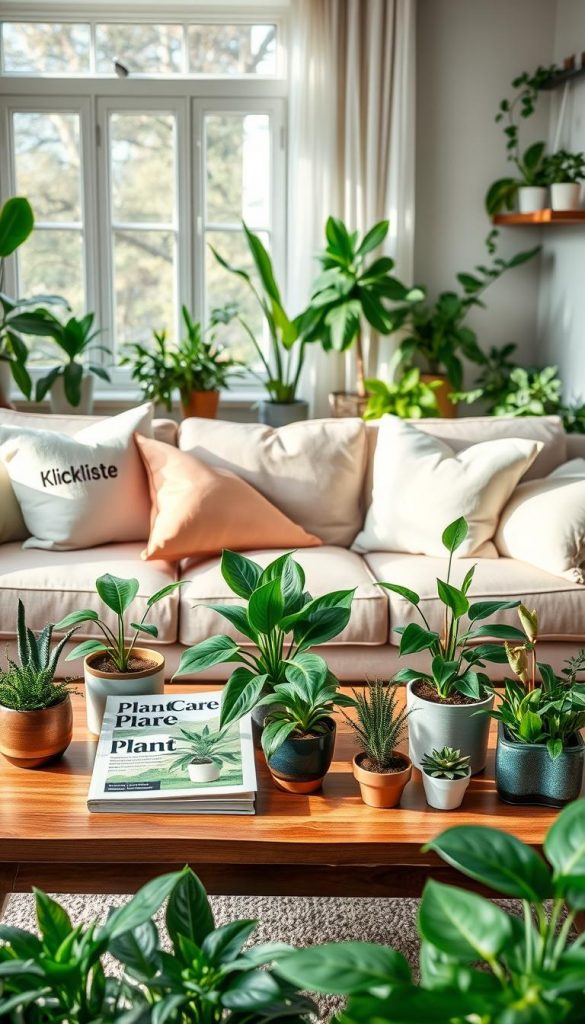 A cozy living room setting filled with diverse indoor plants, showcasing a vibrant array of greens under soft, natural light filtering through a large window. In the foreground, a stylish wooden coffee table displays a beautifully designed plant care guide, with various pots containing thriving houseplants like snake plants, pothos, and succulents. The middle ground features a plush sofa with comfortable cushions, adorned with pastel colors that enhance the fresh spring vibe. In the background, gentle hints of light pastel wall art and shelves filled with small potted plants can be seen. The overall atmosphere is warm and inviting, evoking a sense of tranquility and inspiration for plant styling. Incorporate the brand name "KlickKiste" subtly in the decor elements to symbolize nurturing growth and creativity.