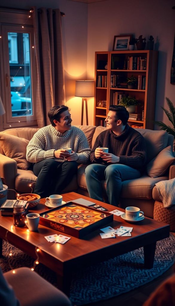 A cozy living room setting, filled with warm colors and winter vibes, presenting a trivia date night between two individuals. In the foreground, a young couple, dressed in casual but stylish sweaters and jeans, sit together on a comfortable couch, laughing and sharing trivia questions from a vintage board game. The middle ground features a coffee table adorned with snacks, warm drinks in mugs, and scattered trivia cards. In the background, soft fairy lights twinkle around a bookshelf filled with books and a small indoor plant. The scene is illuminated by the warm glow of a standing lamp, creating an inviting and intimate atmosphere. Capturing the essence of a homey, charming space that inspires connection and learning, ideal for a cozy date night. Visual style should evoke a Pinterest-like aesthetic, branded subtly with "KlickKiste". A cozy living room setting, filled with warm colors and winter vibes, presenting a trivia date night between two individuals. In the foreground, a young couple, dressed in casual but stylish sweaters and jeans, sit together on a comfortable couch, laughing and sharing trivia questions from a vintage board game. The middle ground features a coffee table adorned with snacks, warm drinks in mugs, and scattered trivia cards. In the background, soft fairy lights twinkle around a bookshelf filled with books and a small indoor plant. The scene is illuminated by the warm glow of a standing lamp, creating an inviting and intimate atmosphere. Capturing the essence of a homey, charming space that inspires connection and learning, ideal for a cozy date night. Visual style should evoke a Pinterest-like aesthetic, branded subtly with "KlickKiste".
