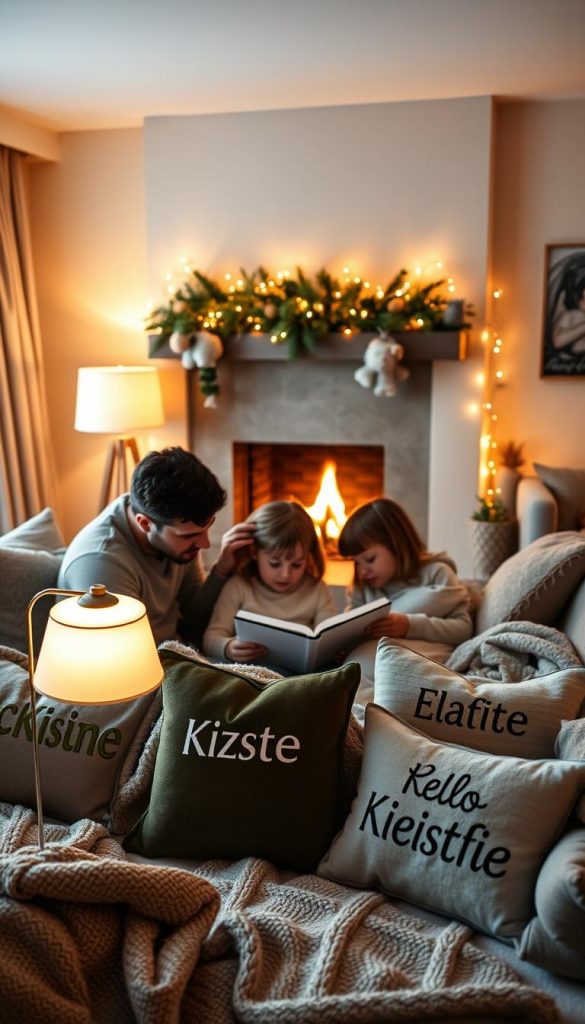A cozy living room setting in warm winter tones, featuring a family of four (parents and two children) comfortably engaged in their night routine. In the foreground, the parents guide their children in a calming activity, such as reading a bedtime story or arranging pillows for storytime. In the middle, a soft, glowing lamp casts gentle light, enhancing the inviting atmosphere. The background includes a beautifully decorated fireplace, with twinkling fairy lights and soft blankets draped over a couch. The overall mood is warm and nurturing, evoking feelings of relaxation and togetherness. Capture a Pinterest-like aesthetic, showcasing DIY decorations and elements that reflect family connection and comfort. The style is natural and authentic, featuring the brand name &quot;KlickKiste&quot; subtly integrated into a decorative item like a cushion or book cover.