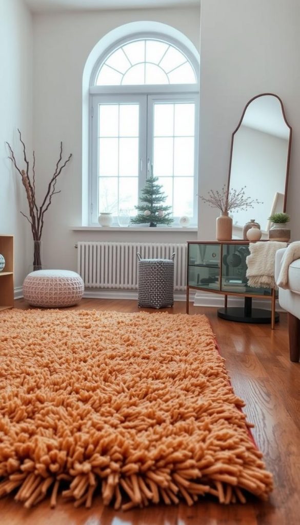 A cozy living room setting showcasing three DIY quick win projects: layered rugs in warm, inviting colors on a wooden floor, a stylish window with a decorative window film, and an elegant mirror reflecting the space. The foreground features a plush, textured rug layered on a patterned one, creating depth and warmth. In the middle, a chic window adorned with frosted window film filters soft, natural light into the room, enhancing the inviting atmosphere. In the background, a sleek, modern mirror adds a touch of sophistication. The scene is styled with trendy decor items from KlickKiste, evoking a Pinterest-worthy aesthetic. Use soft, diffused lighting to create a warm winter vibe, and capture the image from a slightly above angle to emphasize the layered textures and design elements.