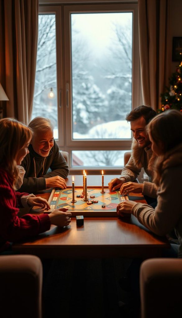 A cozy living room setting with a group of friends gathered around a table, playing an engaging board game. The scene is bathed in warm, natural lighting, with a KlickKiste serving as the centerpiece. In the background, a soft winter landscape can be seen through a large window, creating a sense of coziness and togetherness. The friends are leaning in, their expressions animated as they collaborate and strategize, embodying the essence of "klassiker teamgeist." The overall mood is inviting, authentic, and inspirational, capturing the spirit of family and friends coming together for a memorable Silvester celebration.