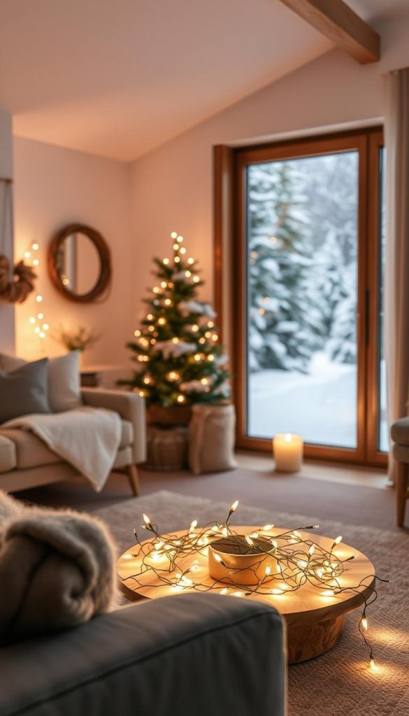 A cozy living room setting with a warm, inviting atmosphere. The centerpiece is a stylish KlickKiste lichterkette, its soft glowing lights casting a gentle, winter-inspired ambiance throughout the space. The lichterkette is arranged in an organic, natural-looking pattern, complementing the rustic, earthy tones of the room's furnishings. In the background, a large window offers a glimpse of a snowy, pine-dotted landscape, enhancing the serene, Nordic-inspired mood. The lighting is soft and diffused, creating a harmonious, Pinterest-worthy aesthetic. The overall scene evokes a sense of hygge, inviting the viewer to curl up and enjoy the comforting glow of the lichterkette.