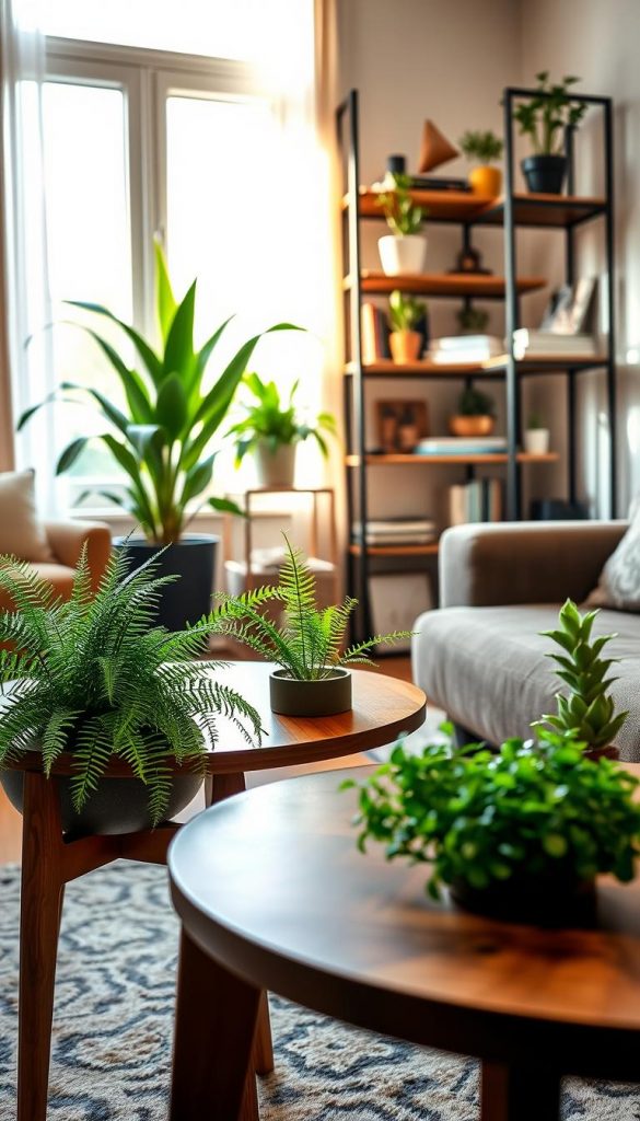 A cozy living room setup featuring stylish "KlickKiste" side tables arranged harmoniously, adorned with various indoor plants thriving in natural light. In the foreground, a beautifully crafted side table holds lush green ferns and small succulents, inviting a sense of tranquility. The middle ground showcases a contemporary shelving unit displaying a mix of decorative items, books, and more plants, creating an organized yet artistic feel. In the background, a softly illuminated window casts warm, diffused sunlight, enhancing the inviting ambiance. The overall mood is warm and welcoming, radiating winter vibes and a Pinterest-inspired aesthetic. The perspective focuses on the arrangement of tables and plants, captured in a crisp, vibrant detail that emphasizes authenticity and inspiration.
