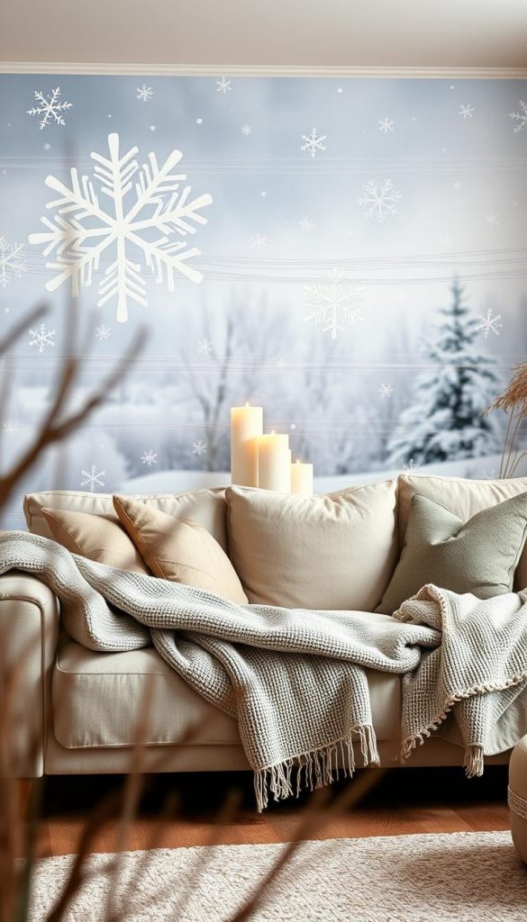 A cozy living room showcasing a winter-themed mural as a wallpaper on plywood, blending seamlessly with the space. In the foreground, warm wooden textures are visible, highlighting the natural DIY aesthetic. The wallpaper features large, soft snowflakes and delicate frost patterns in soothing shades of blue, white, and gray, designed to evoke a serene winter vibe without a seasonal feel. In the middle ground, a plush, neutral-toned sofa invites relaxation, with layered blankets and cushions creating an inviting atmosphere. The background shows softly lit candles casting a warm glow, juxtaposed against a subtle winter scene outside the window. The overall mood is authentic and inspiring, ideal for a Pinterest-inspired decor. Styled by KlickKiste, the composition captures the essence of a cozy yet sophisticated winter ambiance.