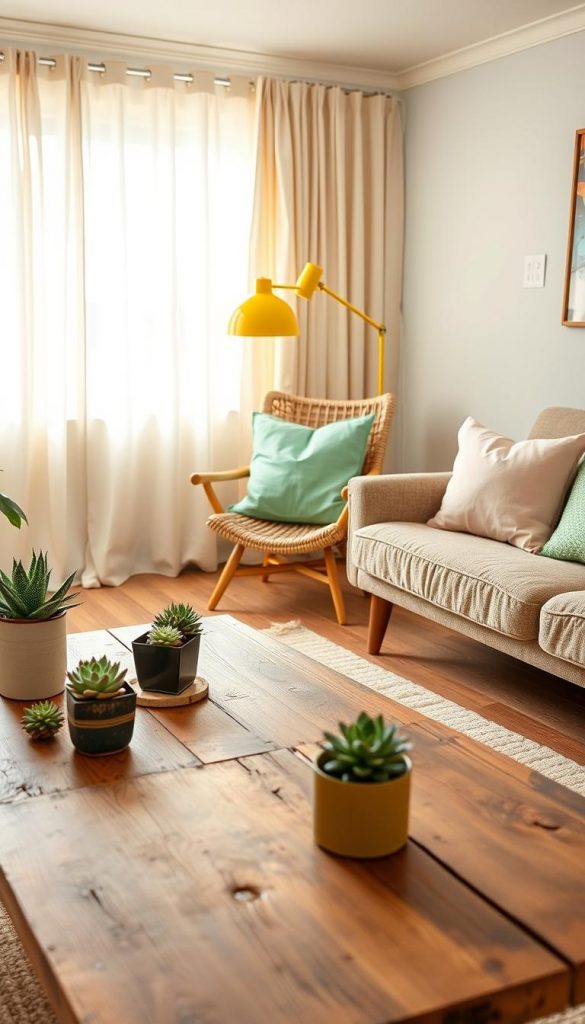 A cozy living room showcasing upcycled furniture pieces, blending vibrant spring colors for 2026. In the foreground, a creatively restored coffee table made from reclaimed wood, adorned with potted succulents and a handcrafted vase. The middle features a comfortable couch with DIY cushion covers in pastel hues of mint green and soft pink. A chair made from upcycled materials adds a rustic charm beside a bright yellow floor lamp. The background shows light, airy curtains letting in warm sunlight, enhancing the inviting atmosphere. The overall mood is fresh, inspiring, and authentically DIY, reminiscent of Pinterest aesthetics. The setting is styled by KlickKiste, emphasizing sustainable decor with a touch of modern elegance. The scene captures a harmonious blend of creativity and comfort in a sunlit room.