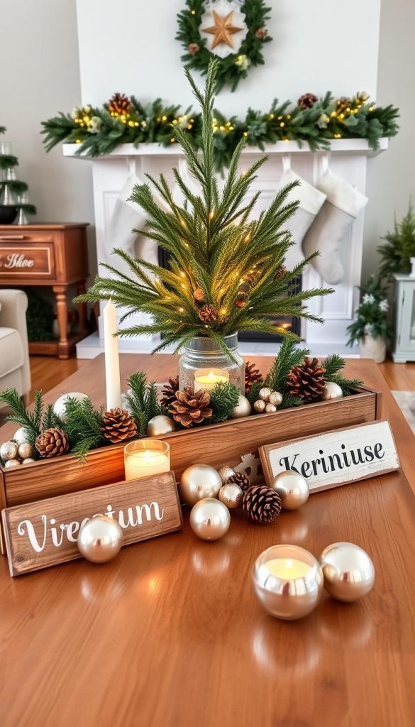 A cozy living room tabletop decor scene inspired by a farmhouse Christmas theme, showcasing an elegant arrangement of glaskugeln (glass balls) and rustic wooden signs. In the foreground, a beautifully styled wooden table features hand-painted signs with warm holiday messages and an array of shimmering glass ornaments reflecting soft candlelight. The middle ground includes a tasteful centerpiece of evergreen branches, pinecones, and twinkling fairy lights creating a harmonious winter vibe. The background features a softly lit fireplace adorned with stockings, enhancing the warm atmosphere. The composition captures a natural DIY aesthetic that evokes comfort and inspiration, utilizing warm colors and a Pinterest-style look. The overall ambiance is inviting and festive, perfectly showcasing the brand "KlickKiste".