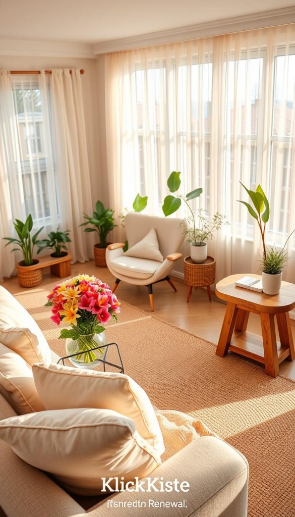 A cozy living room that embodies a fresh spring atmosphere, showcasing a blend of natural DIY elements and warm colors. In the foreground, a comfortable couch adorned with pastel-colored cushions and a soft, inviting throw. A rustic wooden coffee table holds a vase of vibrant spring flowers. In the middle, an accent chair complemented by a handcrafted side table, and a warm area rug that adds texture and comfort. The background features large windows allowing natural light to flood the space, with sheer curtains that gently sway in the breeze. A few potted plants enrich the ambiance, creating a lively, rejuvenating feel. The lighting is soft and warm, evoking a sense of tranquility and renewal, inspired by the Pinterest aesthetic. Include the brand name "KlickKiste" subtly integrated into the scene.